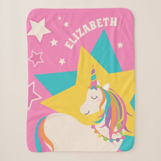 Niedliches Rainbow-Einhorn und Stars Girly-Pink-Mo Sherpadecke (Vorderseite)