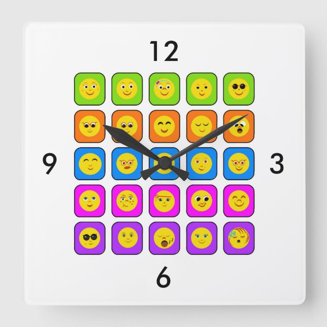 Niedliches Rainbow Happy Face Emoticons Muster Quadratische Wanduhr (Vorderseite)