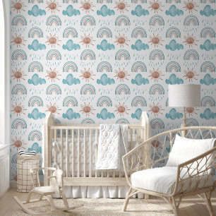 Niedliches Rainbow Sun Cloud Beige Blue Kinderzimm Tapete
