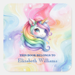 Niedliches Rainbow Unicorn Individuelle Name Buchz Quadratischer Aufkleber