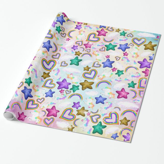 Niedliches Rainbow Unicorn Pastel Pink Wrapping Pa Geschenkpapier (Ungerollt)