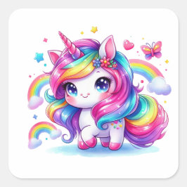 Niedliches Rainbow Unicorn Quadratischer Aufkleber