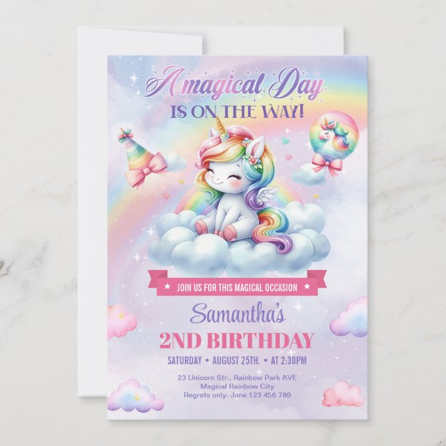 Niedliches Rainbow Unicoron auf einer Wolke Mädche Einladung (Vorderseite)