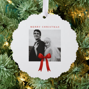 Niedliches Red Bow Foto Frohe Weihnachten Ornament Karte