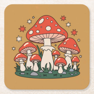 Niedliches Red Mushrooms Stars Metallic Gold Unter Rechteckiger Pappuntersetzer
