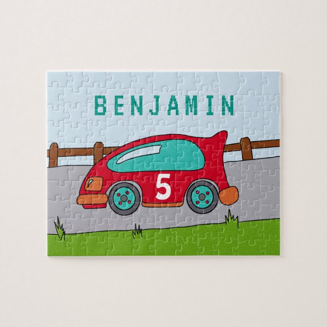 Niedliches Red Racing Car Children Puzzle mit Name (Horizontal)