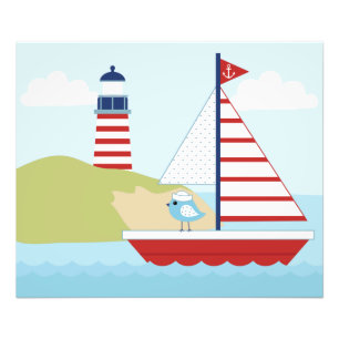 Niedliches Red Sail Boat und Leuchtturm Fotodruck