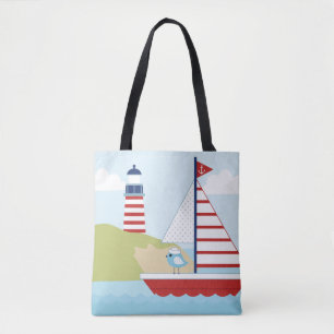 Niedliches Red Sail Boat und Leuchtturm Tasche