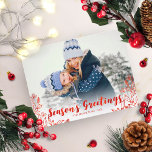 Niedliches Red Script Foto Winter Folies Weihnacht Postkarte<br><div class="desc">Einfache Weihnachtskarte mit niedlichem Foto und einem Schriftart mit roter Kalligraphie,  ideal für dunkle Bilder.</div>
