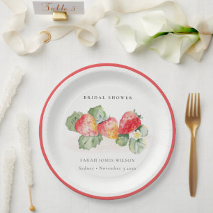 Niedliches Red Strawberry Leafy Foliage Brautparty Pappteller