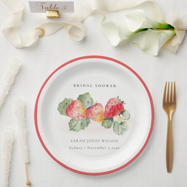 Niedliches Red Strawberry Leafy Foliage Brautparty Pappteller (Hochzeit)