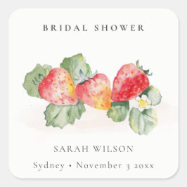 Niedliches Red Strawberry Leafy Foliage Brautparty Quadratischer Aufkleber