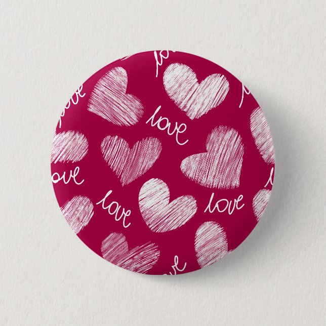 Niedliches Red White Scribbled Herz mit Liebe Scri Button (Vorderseite)