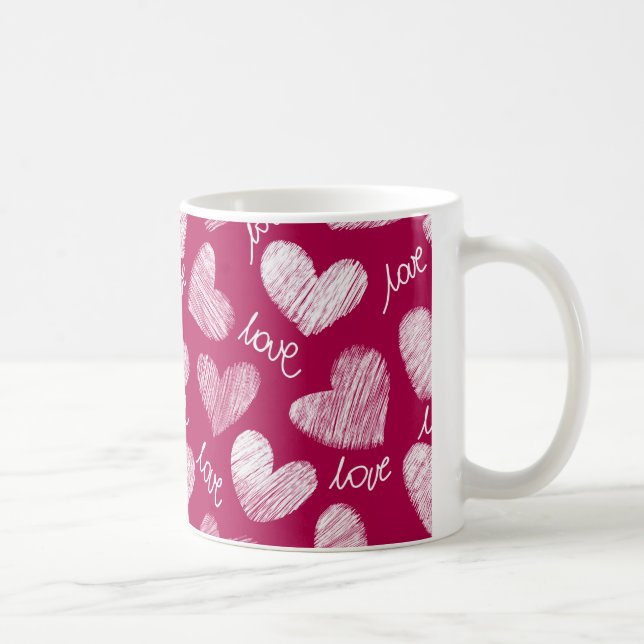 Niedliches Red White Scribbled Herz mit Liebe Scri Kaffeetasse (Rechts)