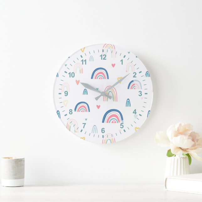 Niedliches Regenbogen- und Herzmuster Große Wanduhr (Zuhause)