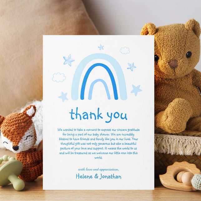 Niedliches Regenbogen Wasserfarbe Elegante Blue Ba Dankeskarte (Cute Rainbow Watercolor Elegant Blue Baby Shower Thank You Card)
