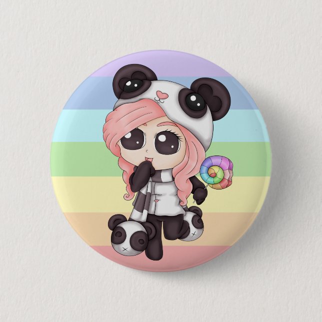 Niedliches Regenbogenanime-Panda-Mädchen Button (Vorderseite)