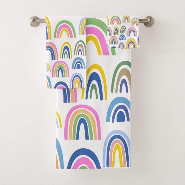 Niedliches Regenbogenmuster in Rosa und Gelb  Badhandtuch Set (Insitu)