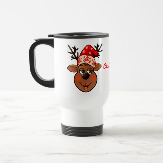 Niedliches Ren mit Weihnachtshut Reisebecher (Links)