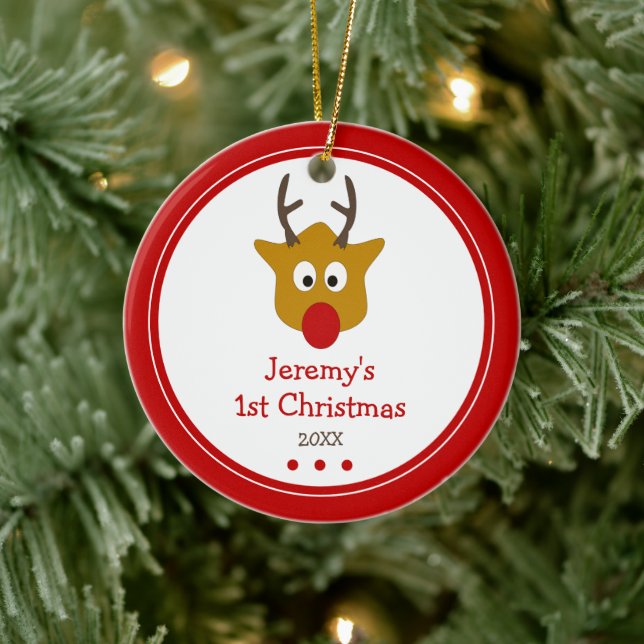 Niedliches Rentier Baby's First Christmas Foto Keramik Ornament (Baum)