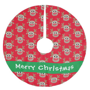 Niedliches Rentier Cartoon Muster Rot Polyester Weihnachtsbaumdecke