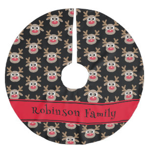 Niedliches Rentier-Cartoon-Muster Rot Schwarz Polyester Weihnachtsbaumdecke