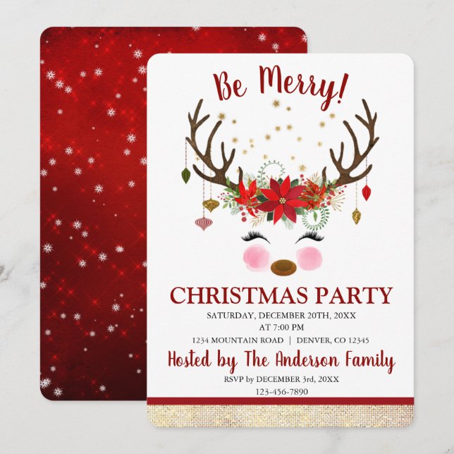 Niedliches Rentier Weihnachtsfest Abendessen Party Einladung (Vorne/Hinten)