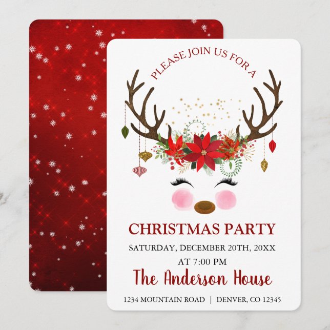 Niedliches Rentier Weihnachtsfest Abendessen Party Einladung (Vorne/Hinten)