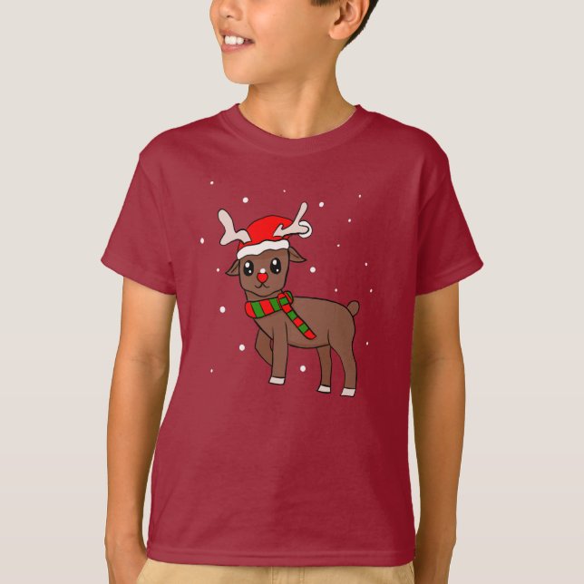 Niedliches Rentier Zeichnend mit Schneeflocken Wei T-Shirt (Vorderseite)