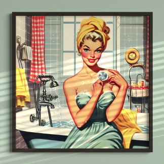 Niedliches Retro-Bath-Button-Up-Bild Poster