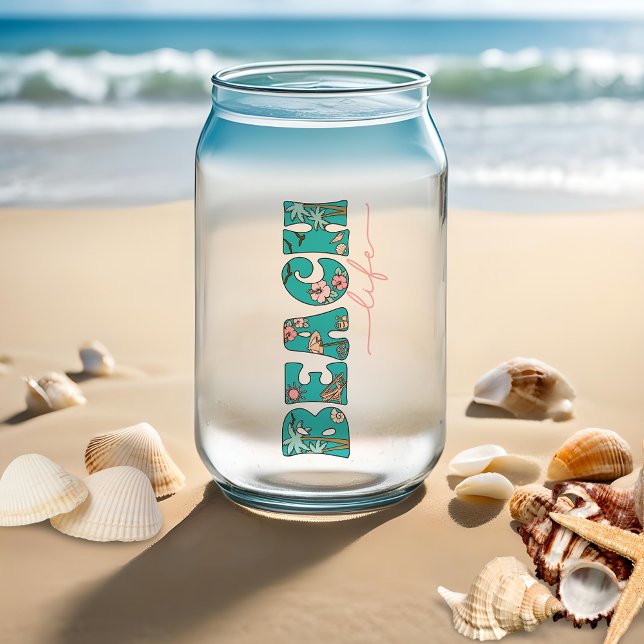 Niedliches Retro Beach Life Dosenglas (Available as a single glass or in sets of two or four glasses, perfect for enjoying the beach life!)