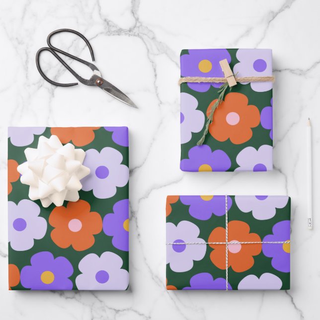 Niedliches Retro-Blume-Muster in Lila und grün  Geschenkpapier Set (Vorderseite)