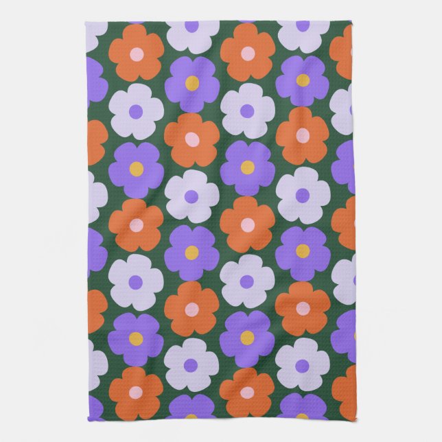 Niedliches Retro-Blume-Muster in Lila und grün   Geschirrtuch (Vertikal)