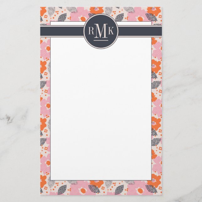 Niedliches Retro Blumenmuster des Monogramm-| Briefpapier (Vorderseite)