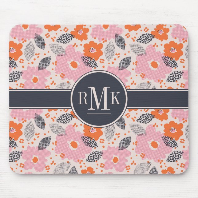 Niedliches Retro Blumenmuster des Monogramm-| Mousepad (Vorne)