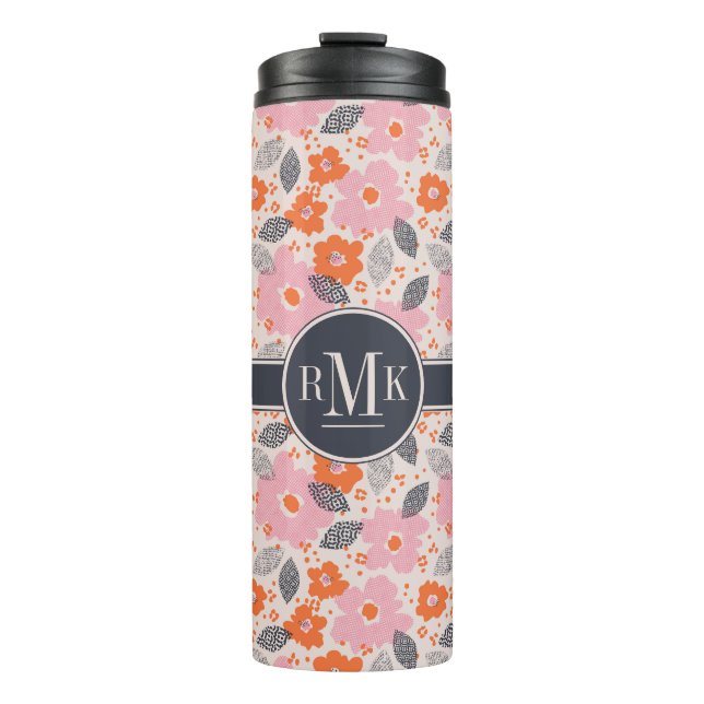 Niedliches Retro Blumenmuster des Monogramm-| Thermosbecher (Vorderseite)
