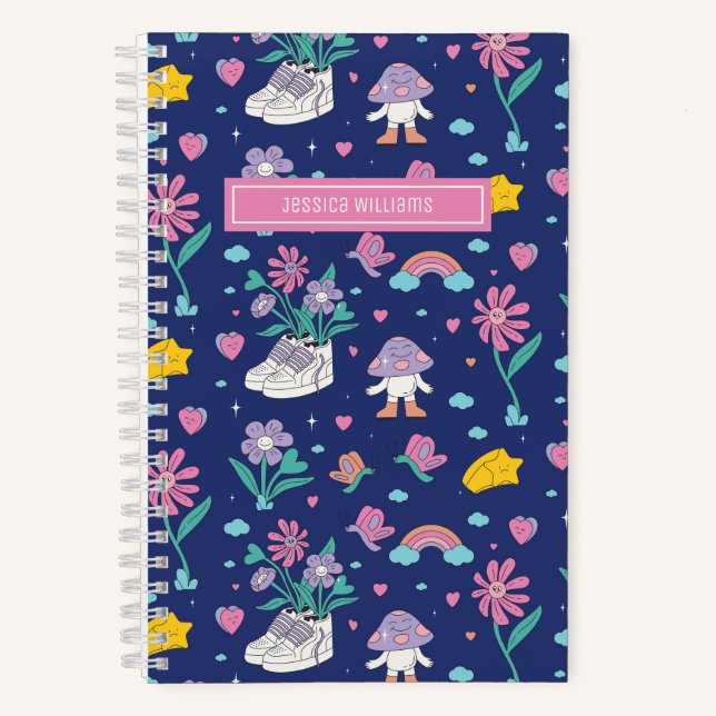 Niedliches Retro Doodle Blume Muster Girl Floral Notizbuch (Vorderseite)