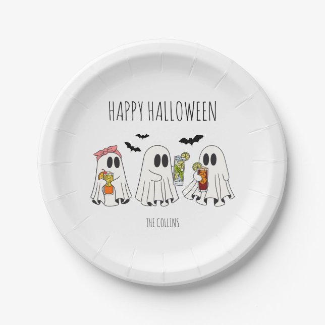 Niedliches Retro-Geist und Cocktails Happy Hallowe Pappteller (Vorderseite)