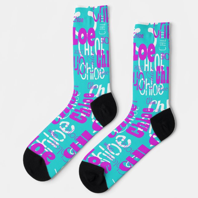 Niedliches Retro Hot Pink Blue Individuelle Name M Socken (Linkes Detail)