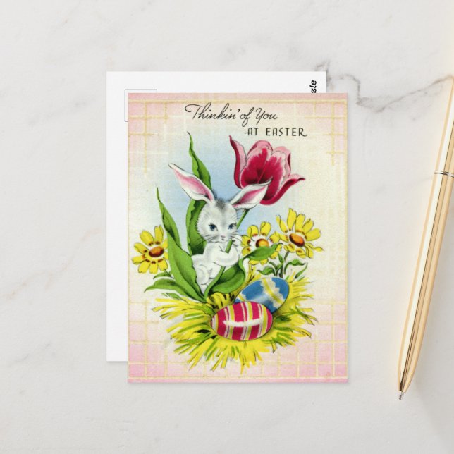 niedliches Retro Vintag Osterhase Postkarte (Vorderseite/Rückseite Beispiel)