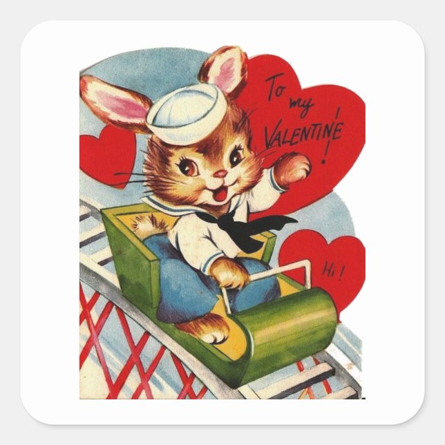 Niedliches Retro Vintag Valentine Hase Quadratischer Aufkleber (Vorderseite)