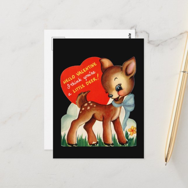 niedliches Retro Vintag Valentinhirsch Postkarte (Vorderseite/Rückseite Beispiel)