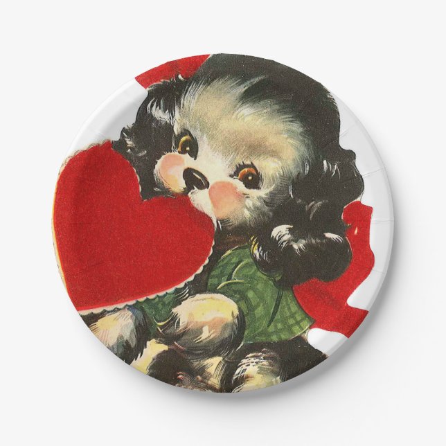 Niedliches retro Vintages Valentinewelpen-Party Pappteller (Vorderseite)