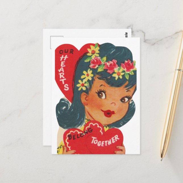 Niedliches Retro-Vintages Valentinherz Postkarte (Vorderseite/Rückseite Beispiel)