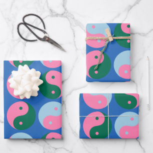 Niedliches Retro Yin Yang Muster Blau Grün Geschenkpapier Set