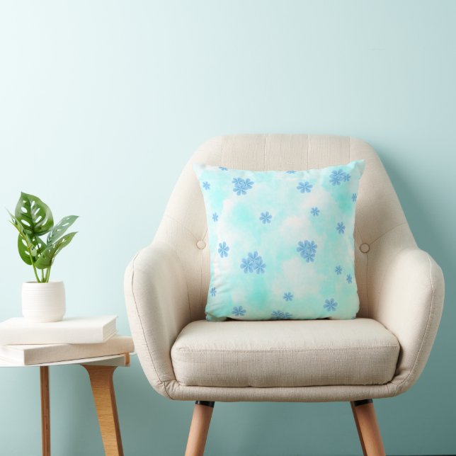 niedliches Retroblau-Blumenmuster Mitte des Jahrhu Kissen (Stuhl )