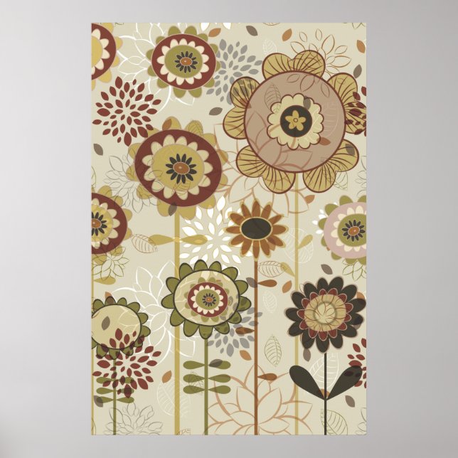 Niedliches Retrobraun, beige Blumenmuster Poster (Vorne)