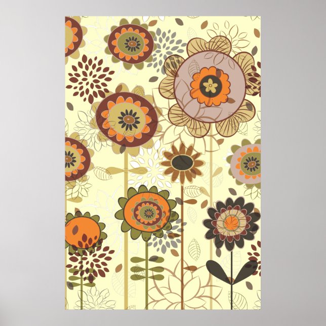 Niedliches Retroorangefarbenes, braunes Blumenmust Poster (Vorne)