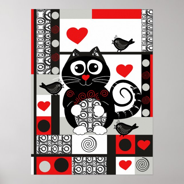 Niedliches Retroposter mit Katze, Vögeln, Herz und Poster (Vorne)