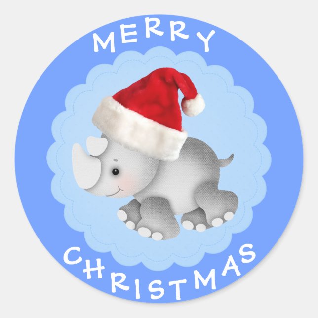 Niedliches Rhino in Weihnachtsmannmütze Blaue Weih Runder Aufkleber (Vorderseite)